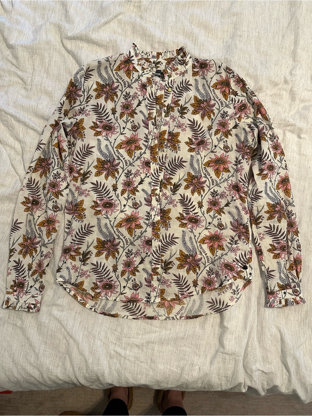 NWOT Scotch & Soda Ivory Floral Button-Up Shirt with Pink & Mustard Flowers